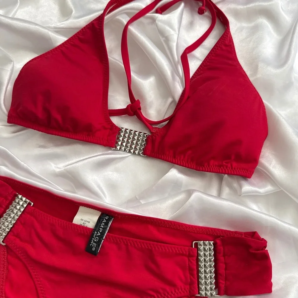 Rampage Red Studded Bikini Set Two Piece Halter Triangle Swimsuit Small